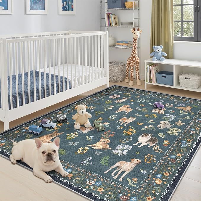 Soalmost Dog 6x9 Area Rugs for Living Room, Machine Washable Animal Floral Vintage Rug Non-Slip Low Pile Soft Throw Rugs for Bedroom Dining Room Kitchen Nursery Playroom (6 x 9,Navy Blue)