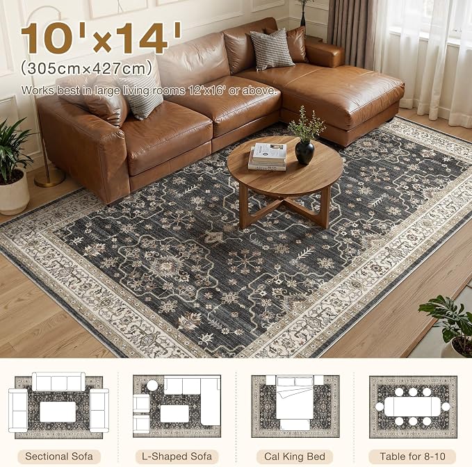 Area Rug for Living Room - 10x14 Soft Washable Oriental Vintage Floral Distressed Large Carpet - Fade Stain Resistant Non Slip Rugs for Bedroom Dining Room Nursery Dorm Office Home Decor - Black