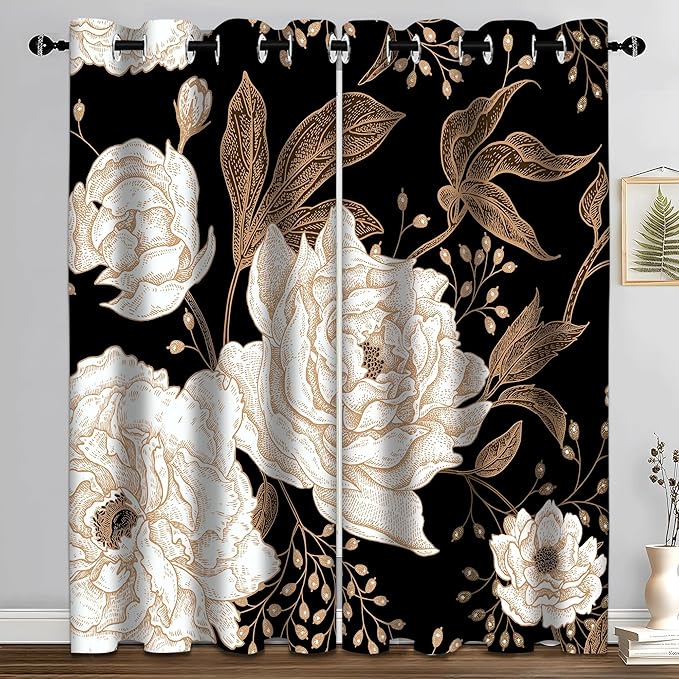 Boho Floral Blackout Curtain, Black Gold Flowers Aesthetic Art Curtains Darkening Thermal Insulated Grommet Window Drapes for Living Room Bedroom Decor 2 Panels 52x96 Inches