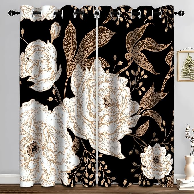 Boho Floral Blackout Curtain, Black Gold Flowers Plant Aesthetic Art Watercolor Curtains Darkening Thermal Insulated Grommet Window Drapes for Living Room Bedroom Decor 2 Panels 52x63 Inches