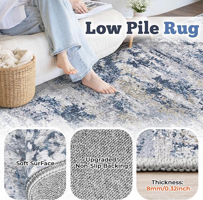 9x12 Area Rugs for Living Room: Washable Abstract Neutral Rug Large Modern Soft Non Slip Low Pile Rugs Floor Indoor Stain Resistant Carpet for Bedroom Dining Room Home Office (Blue, 9'x12')