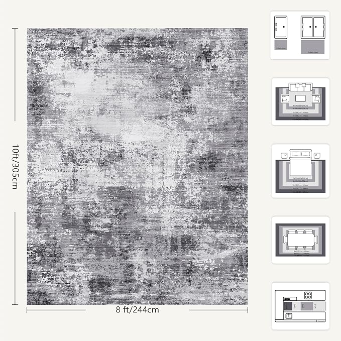 8x10 Area Rugs, Abstract Modern Ultra Soft Washable Rug, Non Slip Carpet with Rubber Back, Large Rugs for Living Room, Bedroom, Dining Room Decor(Black & Grey)