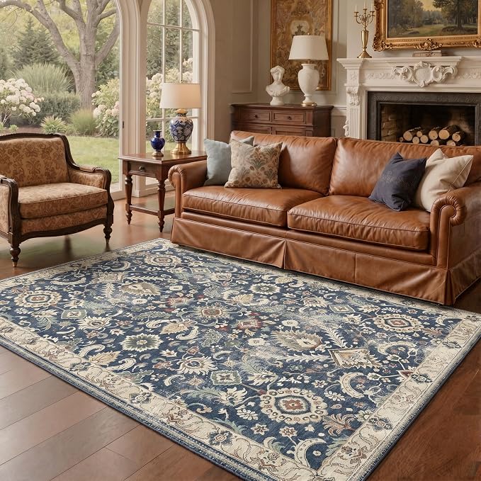 Bavni 2x5 Rug Runners for Hallways, Washable Runner Rug Non Slip, Vintage Floral Floral Rugs for Bedroom, Lightweight Low Pile Carpet for Hallways Bathroom, Muted Navy