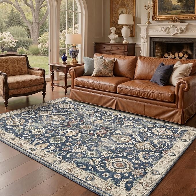 Bavni 2x3 Doormat, Machine Washable Runner Rug Non Slip, Vintage Floral Floral Rugs for Entrance, Lightweight Low Pile Carpet for Hallways Kitchen and Corridor, Muted Navy