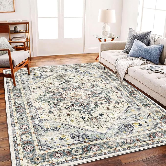 CHAMPLANT Washable Area Rug 9'x12' Cyan Khaki Retro Flowers Boho Design Non-Shedding Easy Care Ideal for High Traffic Areas in Living Room Bedroom Office Coffee Table Kitchen Large Carpet