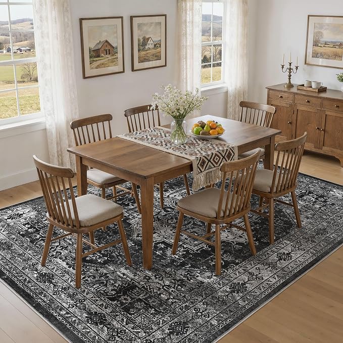 UERMEI 10x14 Area Rug Living Room Rugs - Washable Vintage Soft Large Rug Indoor Floor No Slip Rug Carpet for Bedroom Farmhouse Under Dining Table Home Office Decor - Black