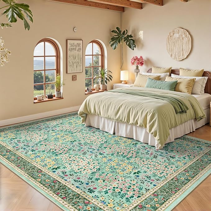 6x9 Area Rugs, Washable Floral Area Rugs for Living Room, Indoor Area Rug for Bedroom, Dining Room, Low Pile Non-Slip Non Shedding Rug(Green Floral)