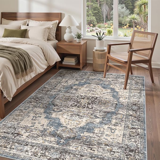 befbee 5x7 Area Rugs for Living Room, Stain Resistant Neutral Washable Rugs for Dining Room, Floral Vintage Non-Slip Thin Large Size Area Rug (Blue/Black)