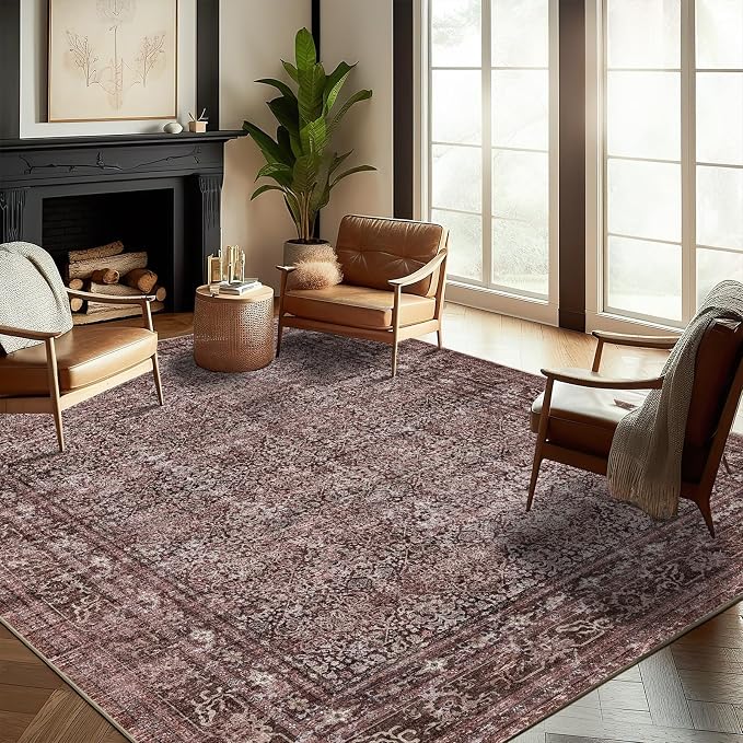 CHAMPLANT Washable Area Rug 9'x12' Retro Boho Design Non-Shedding Easy Care Ideal for High Traffic Areas in Living Room Bedroom Office Coffee Table Kitchen Large Carpet