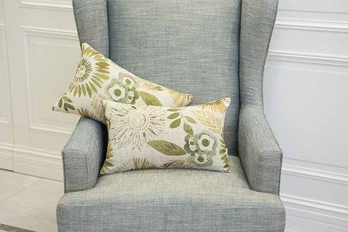 Mika Home Pack of 2 Decorative Oblong Rectangular Throw Pillow Cover Cushion Cases for Chair,Sunflower Pattern,12x20 Inches, Green Cream