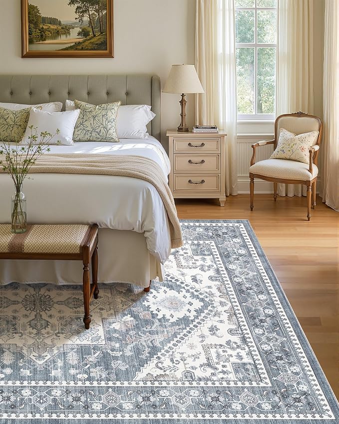 9x12 Vintage Area Rug: Washable Neutral Soft Non Slip Thin Large Floor Carpet for Living Room Bedroom Kitchen Dining Room Home Office Farmhouse Indoor - Blue