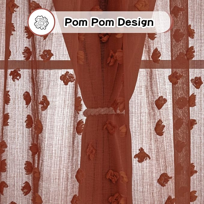MYSKY HOME Terracotta Curtains for Bedroom 72 Inches Long Bohemian Curtains Pom Pom Brick Red Sheer Curtain for Girls Room Double Layer for Toddler Grommet Room Darkening Window Panels 52 x 72 Inch