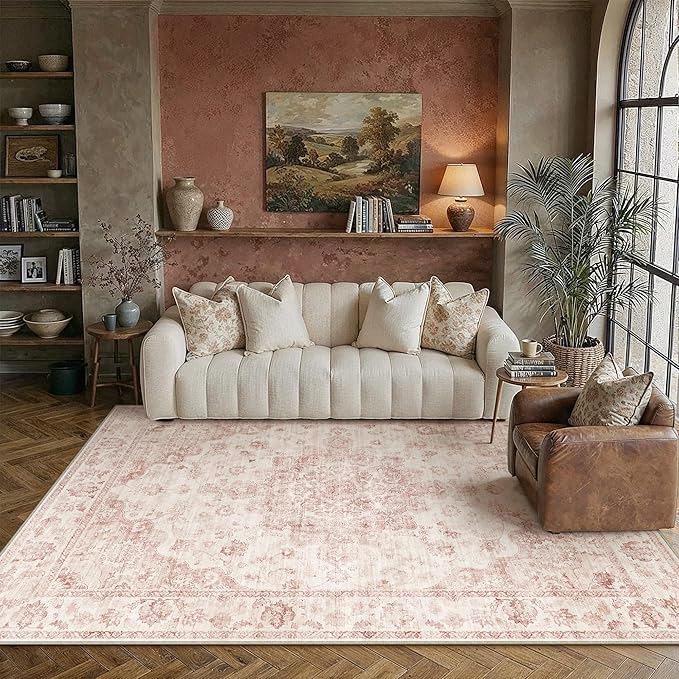 6x9 Washable Neutral Area Rug Pink Vintage Living Room Bedroom Carpet Non-Slip Soft Low Pile Farmhouse Indoor Throw Rug for Dining Room Entryway Office
