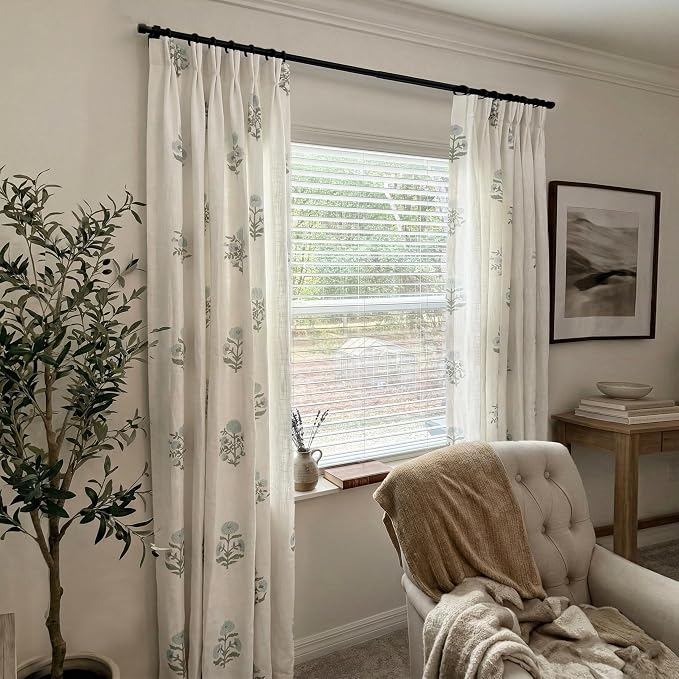 Blue Green Floral Curtains for Living Room, 84 Inch Light Blue and White Semi Sheer Patterned Linen Pinch Pleated Drapes, Vintage Botanical Modern Farmhouse Cottage Core Curtains for Bedroom Dining