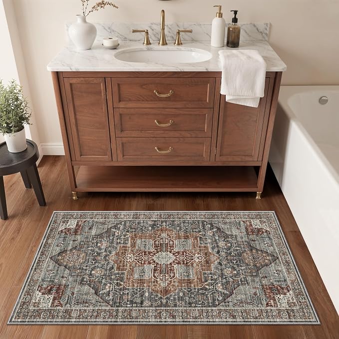 Roxstand Washable Runner Rug 2x4 - Vintage Non-Slip Small Area Rugs for Entryway, Low-Pile Stain Resistant Indoor Rug for Laundry Room Kitchen Bathroom Dining Room (Grey/Brown/Tan)