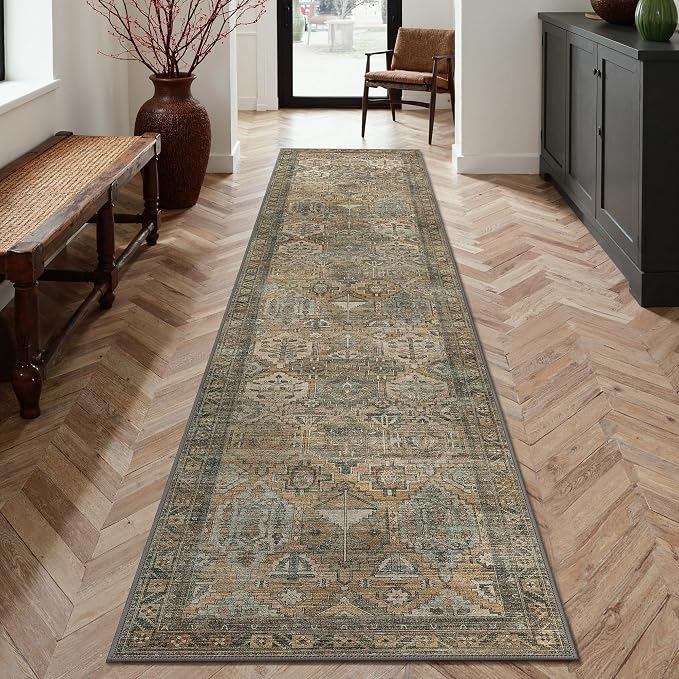 GENIMO 2x5 Runner Rugs for Hallway, Machine Washable Non Slip Vintage Rugs, Low Pile Lightweight Soft Print Rug for enrtyway, Corridor, Home Office, Kitchen, Warm Taupe