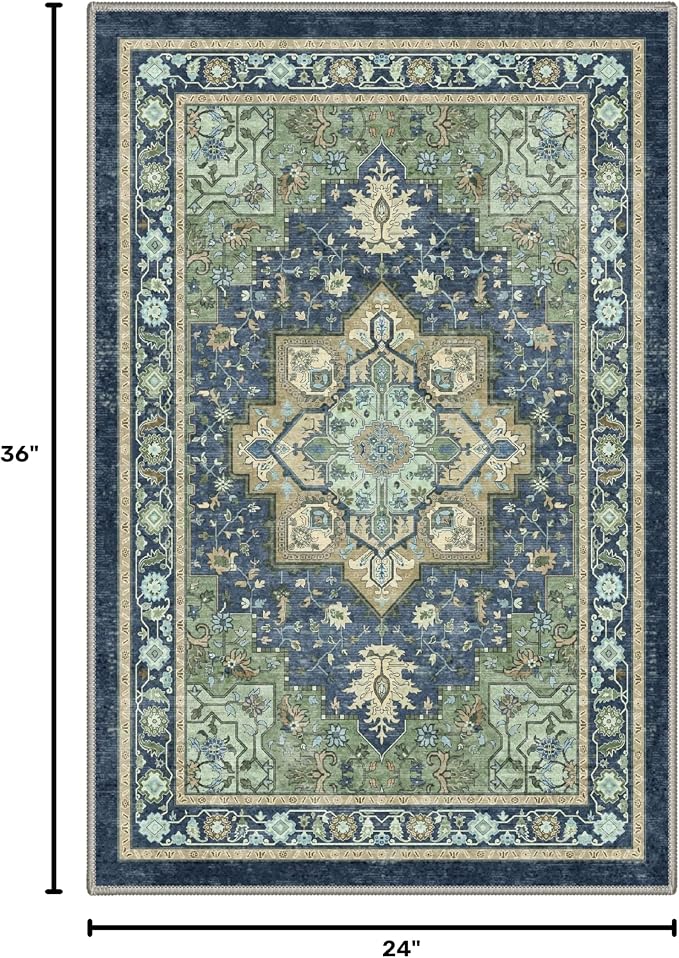 GENIMO Area Rug 2x3 Doormat, Machine Washable Low Pile Rugs, Small Retro Entryway Mat for Entrance, Hallway, Kitchen and Corridor, Green & Navy