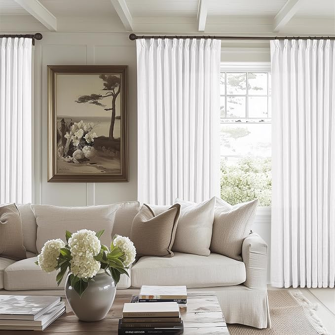 TWODRAPES Extra Wide 102 Inch Long Curtains 70 Inch Width Pinch Pleat Linen Curtains for Living Room BedroomLight Filtering Privacy Pleated Hooks Rings Back Tab for Sliding Door White 1 Panel