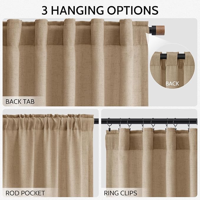 Nanspring Sand Beige Curtains 72 Inch Length for Living Room Burlap Linen Textured Light Filtering Semi Sheer Curtains Back Tab Privacy Luxury Simple Modern Curtain for Bedroom 52x72, 2 Panels