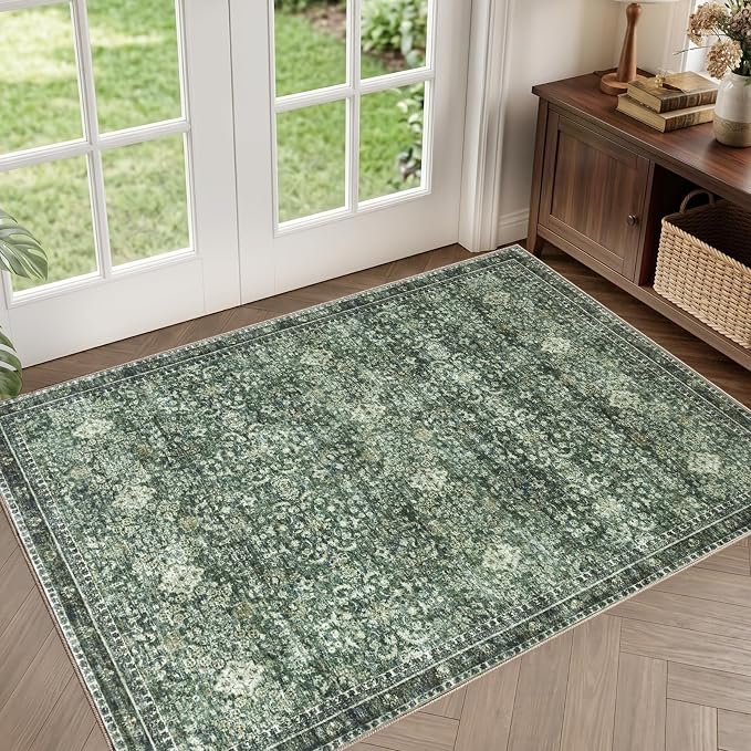 Sasttie 2x3 Rug, Ultra-Soft Washable Rug, Low Pile Foldable Thin Carpets with Non-Slip Backing, Skin-Friendly Stain Resistant Carpet for Living Room, Bedroom, Kitchen, Dorm, 2x3, Dark Green