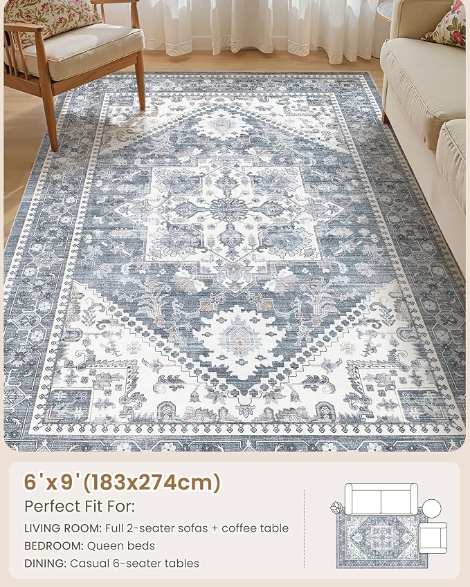 6x9 Vintage Area Rug: Washable Neutral Soft Non Slip Thin Large Floor Carpet for Living Room Bedroom Kitchen Dining Room Home Office Farmhouse Indoor - Blue