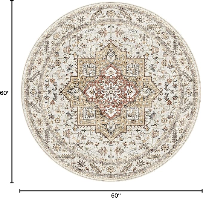 5ft Round Vintage Living Room Area Rug - 5x5 Large Soft Washable Oriental Traditional Distressed Farmhouse Rugs for Bedroom - Indoor Floor Accent Carpet for Home Office House Decor - Golden Taupe