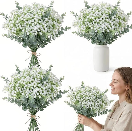 132 Pcs Babys Breath Artificial Flowers with Eucalyptus Stems, Baby Breath Flowers Artificial Bulk, Faux Gypsophila Bouquet for Wedding Bouquets, DIY Floral Arrangements, Home Table Vase Decor