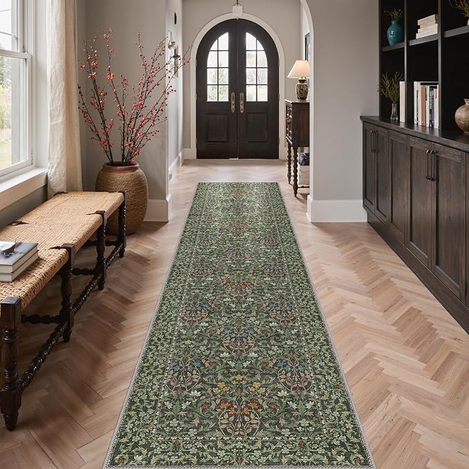 GENIMO 2.5x10 Washable Long Runner Rug, Non Slip Hallway Mat, Emerald Green | Vintage Boho Floral Low Pile Thin Mat for Entryway, Kitchen, Bedroom, Indoor Decor