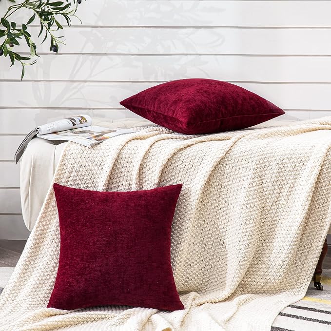 GAWAMAY Decorative Chenille Throw Pillow Covers 26x26 Inch Pack of 2, Soft Square Couch Pillow Cover for Sofa Cushion Living Room Bedroom Oversized Pillowcases Burgundy Red 66x66cm (ONLY Covers)