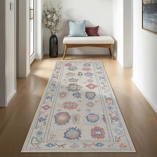 Beige Oushak Long Hallway Runner Rug 2'5x12' - Boho Washable Non-Slip Runner Rugs, Vintage Turkish Eclectic Extra Long Runner Rugs for Hallway Kitchen Entryway Foyer Corridor