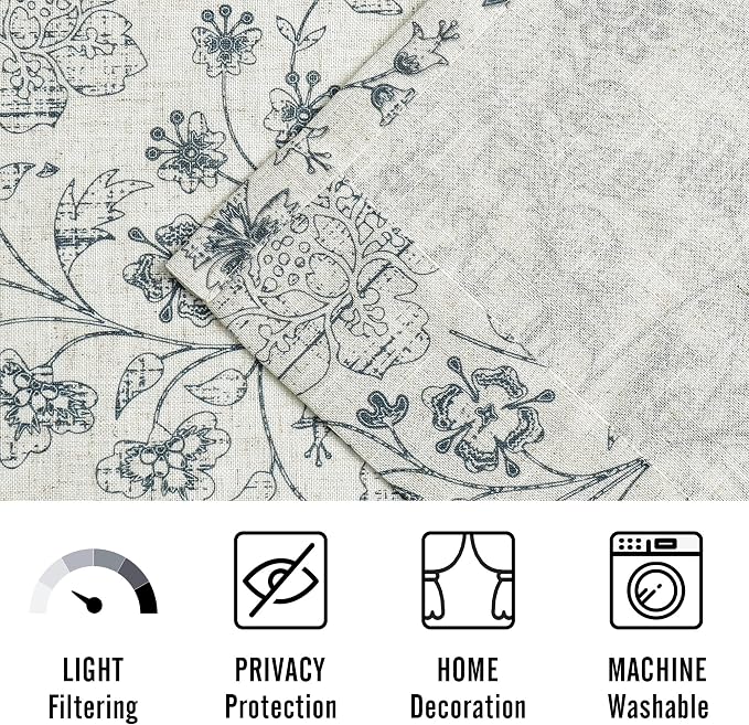 Vision Home Blue Floral Linen Curtains Back Tabs Rod Pocket Semi Sheer Farmhouse Window Curtains for Bedroom Living Room Light Filtering Drapes 63 inch Blue on Beige 2 Panels,54" Wx63 L