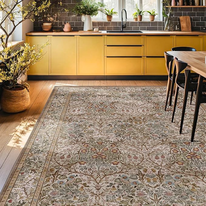 Hazo Haus Vintage Moss Green Living Room Rug, 7x10 Washable Large Area Rugs for Bedroom, Dining Room Rugs Under Kitchen Table, Oriental Taupe Low Pile Stain Resistant Non-Slip