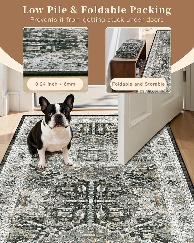 Madane Washable Runner Rugs 2x12 for Hallway Kitchen Grey Green/Black Olive | Non-Slip Vintage Printed 12ft Long Rug Runners with Rubber Backing, Thin Low-Pile Floor Carpet Laundry Room Entryway