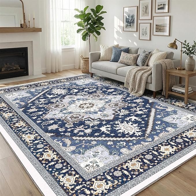 OPPODREAM Soft 10x14 Area Rugs, Washable Rugs 10x14 with Non Slip Backing, Low-Pile Faux Cashmere 10 x 14 Carpet, Navy Blue & Gold