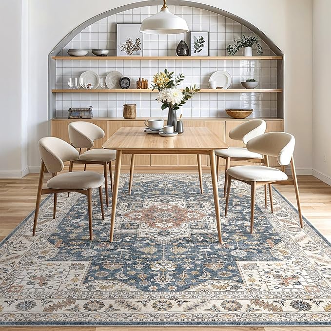 Vintage Living Room Area Rug 8x10 - Large Soft Washable Oriental Traditional Distressed Farmhouse Rugs for Bedroom - Indoor Floor Accent Carpet for Home Office House Decor - Vintage Blue