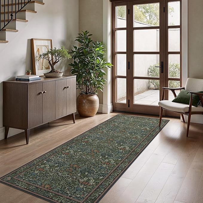 GENIMO 2.5x7 Washable Runner Rug, Non Slip Entryway Mat, Dark Green | Vintage Boho Floral Low Pile Thin Mat for Entryway, Kitchen, Bedroom, Indoor Decor