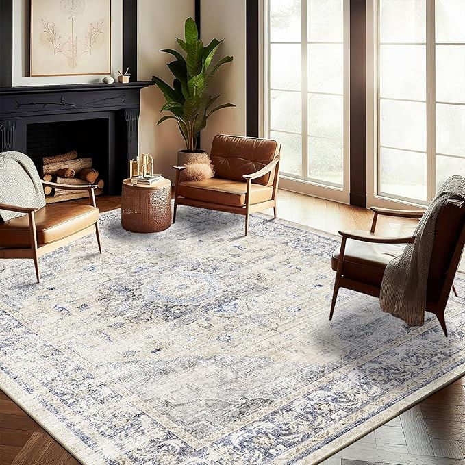 CHAMPLANT Washable Area Rug 10'x14' Floral Blue Boho Design Non-Shedding Easy Care Ideal for High Traffic Areas in Living Room Bedroom Office Coffee Table Kitchen Large Carpet