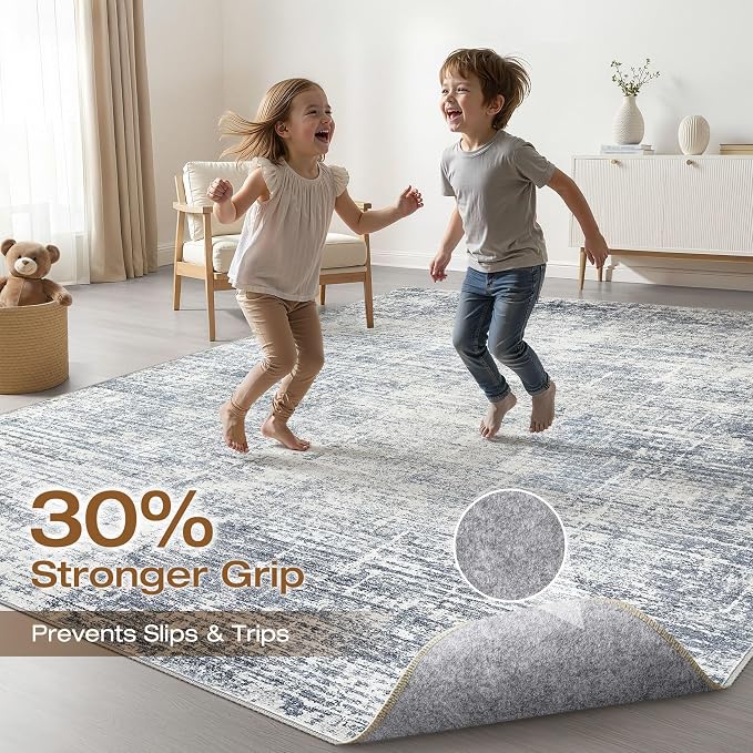 9x12 Area Rug Living Room: Washable Large Neutral Blue Rugs Abstract Soft Modern Stain Resistant Indoor Floor Non-Slip Carpet for Bedroom Nursery Kids Office Playroom Dining Room Under Table Home