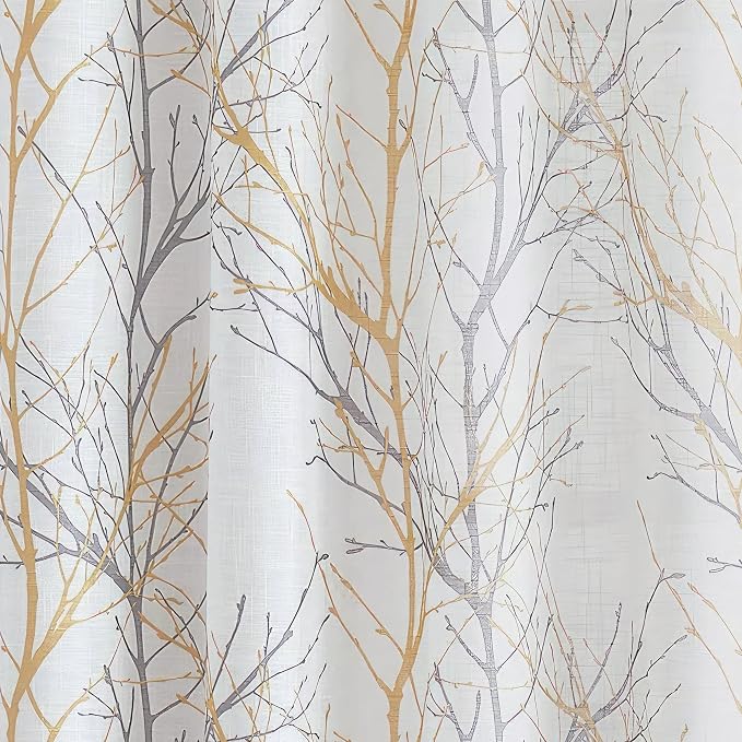 FMFUNCTEX Linen Semi Sheer Curtains for Bedroom, Yellow White Curtains 96 Inches Long for Living Room, Grey Tree Branch Print Curtain Light Filtering Farmhouse Window Drapes, Grommet Top 2 Panels