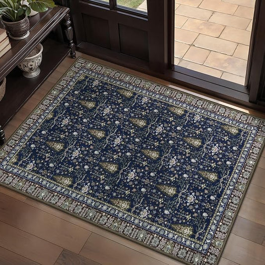 Tangsoo 2x3 Small Washable Entry Rug, Vintage Boho Blue Floral Rug for Entryway Bedroom Entrance, Non Slip Soft Low Pile Door Mat Throw Carpet for Kitchen Bathroom Foyer Decor