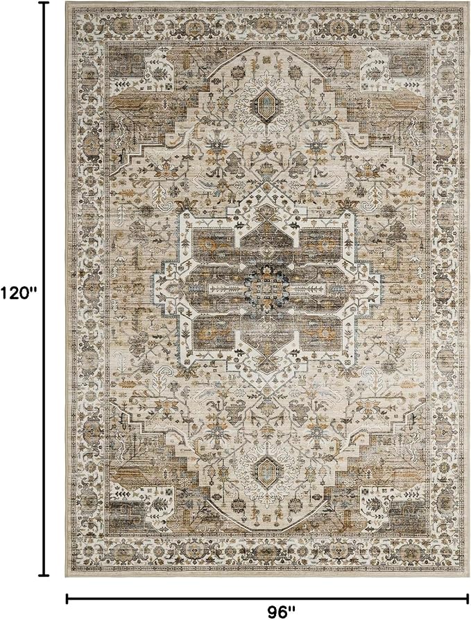 Roxstand 8x10 Area Rugs for Living Room, Vintage Washable Rug with Non-Slip Backing, Stain Resistant Large Area Rug for Dining Room, Soft Rugs for Bedroom (Beige/Brown, 8'x10')