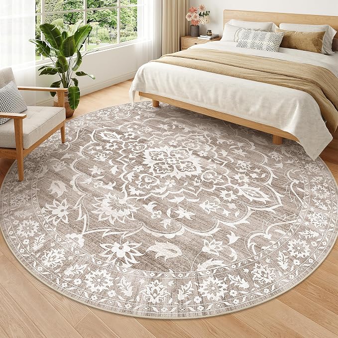 Soalmost Washable Round Rug 8ft for Living Room,Soft Circle Rug Light Brown | Vintage Floral Ultra-Thin Non-Slip 8x8 Round Throw Carpet for Nursery Bedroom Kitchen Dining Room 8'Round