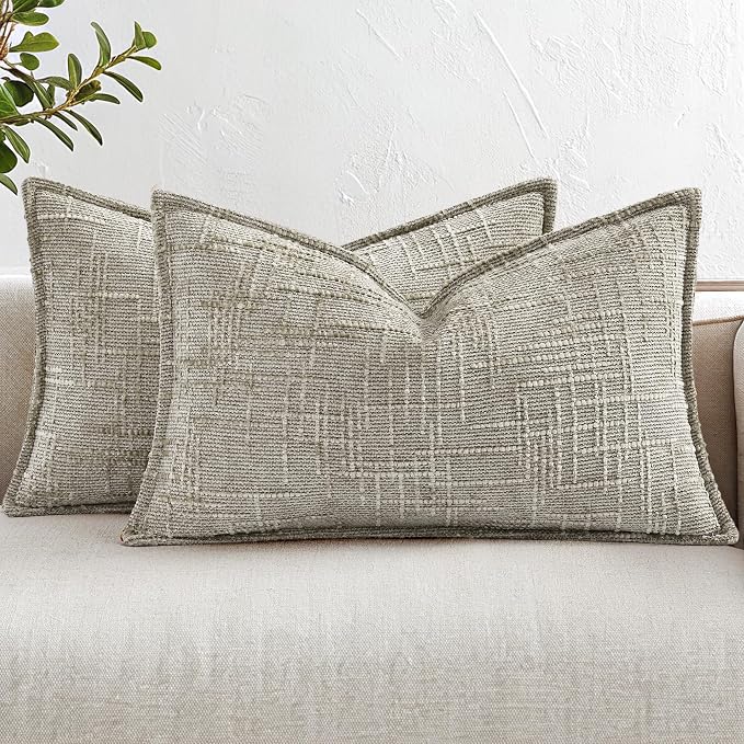 decorUhome Chenille Throw Pillow Covers 12x20 Set of 2, Soft Textured Slubby Modern Decorative Pillow Covers with Elegant Design for Couch, Sofa, Living Room, Light Brown