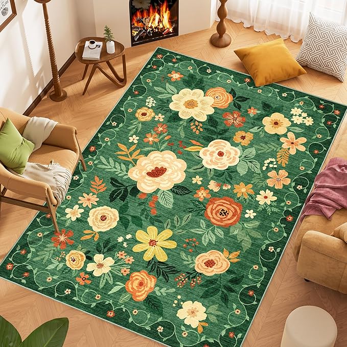 DUKINO 5x7 Area Rug, Floral Rugs for Living Room, Lightweight Non Slip Washable Rug, Indoor Low Pile & Non-Shedding Boho Design Rugs for Bedroom, Playroom, Dining Room, Dark Green