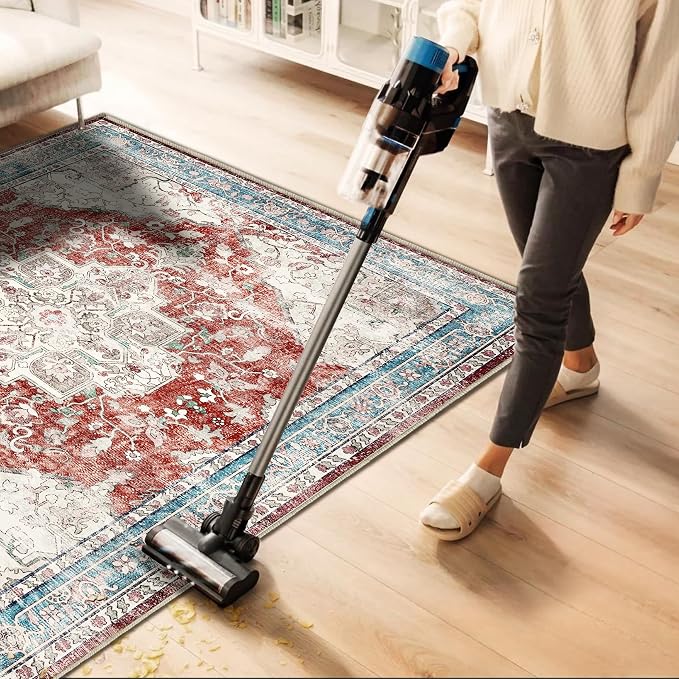 CHAMPLANT 3'x5' Vintage Red Blue Washable Thin Area Rug Traditional Floor Cover Foldable Indoor Distressed Non Slip Carpet Floral Print Mat Bedroom Living Room Bathroom