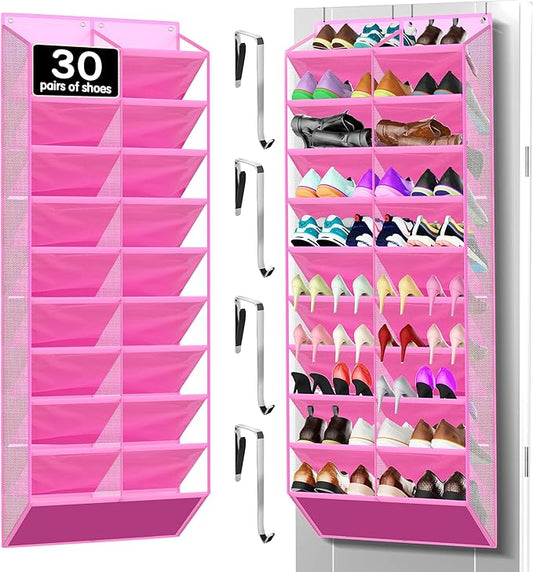 Kotkn 10-Tier Over the Door Shoe Organizer, 20 Pockets Holds 20-30 Pairs, Heavy-Duty Oxford Fabric with Hexagon Mesh for Boots & Sneakers- Pink