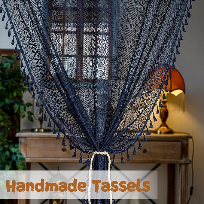 Sutuo Home Navy Blue Boho Doorway Curtain for Doorway Closet, Lace Sheer Door Curtain for Sliding Door Crochet Vintage Tassels Bohemian Privacy Temporary Room Divider Rod Pocket,1 Panel 37" x 80"