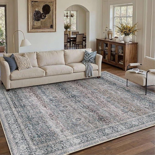 HUGEAR 6x9 Washable Area Rug Vintage Neutral Living Room Bedroom Rug Large Soft Non Slip Distressed Low Pile Carpet