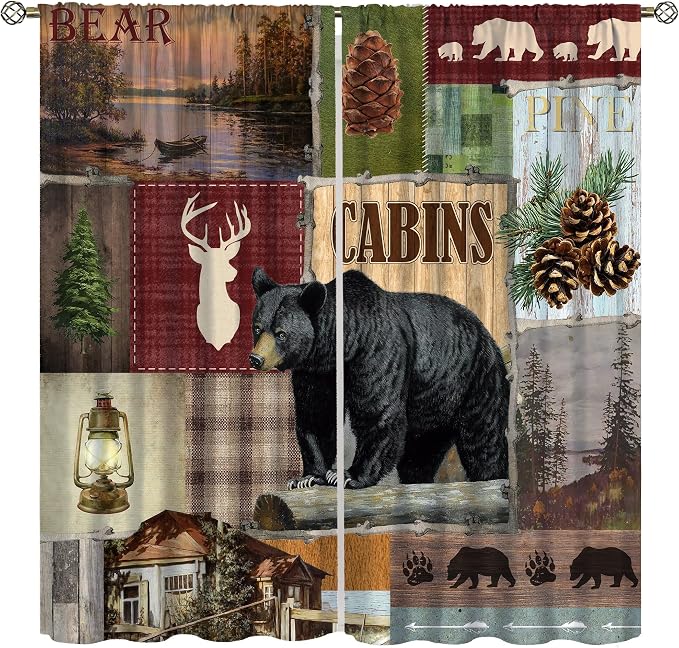 Vintage Bear Blackout Curtains Countryside Mountains Farmhouse Forest Hunting Lodge Lake Pine Cones Wild Deer Bear Animals Windows Treatments Rod Pocket for Kitchen Living Room Bedroom 42x54in