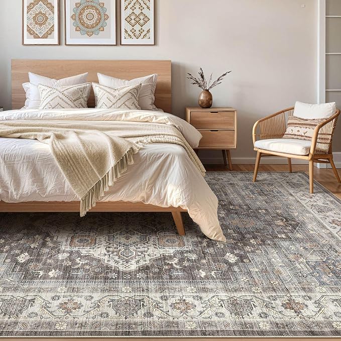 6x8 Area Rug Living Room: Washable Boho Large Neutral Vintage Soft Rug Stain Resistant Farmhouse Non-Slip Indoor Floor Carpet for Bedroom Nursery Kids Office Dining Room Playroom- Grey Brown